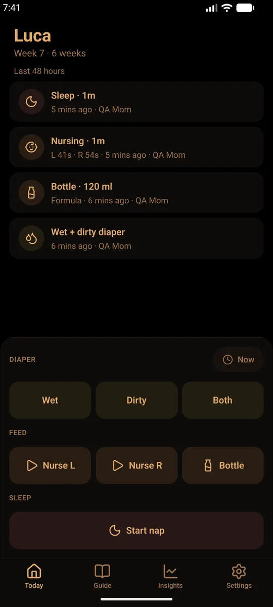 The same screen in Night mode: true-black background with warm amber text.