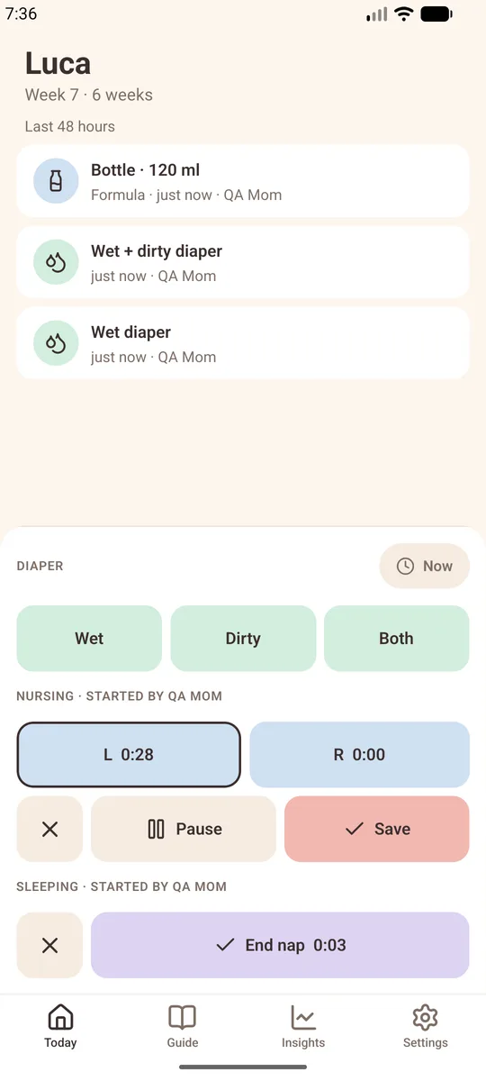 Bebelino Today screen with a nursing timer and a nap timer running, and recent bottle and diaper logs.